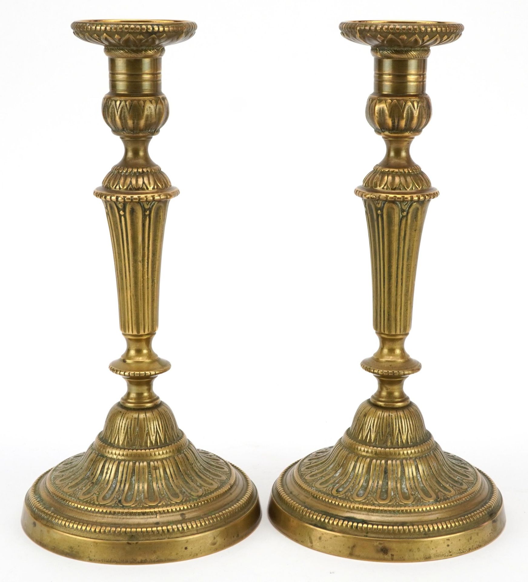 Pair of 19th century French turned brass candlesticks, each 28cm high : For further information on