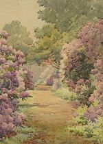 Path through floral gardens, early 20th century watercolour, mounted, framed and glazed, 35.5cm x