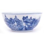 Chinese blue and white porcelain punch bowl hand painted internally and externally with continuous