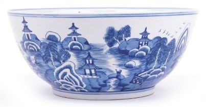 Chinese blue and white porcelain punch bowl hand painted internally and externally with continuous