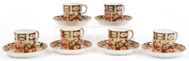 Set of six Royal Crown Derby Old Imari coffee cans with saucers numbered 2451, each coffee can 5cm