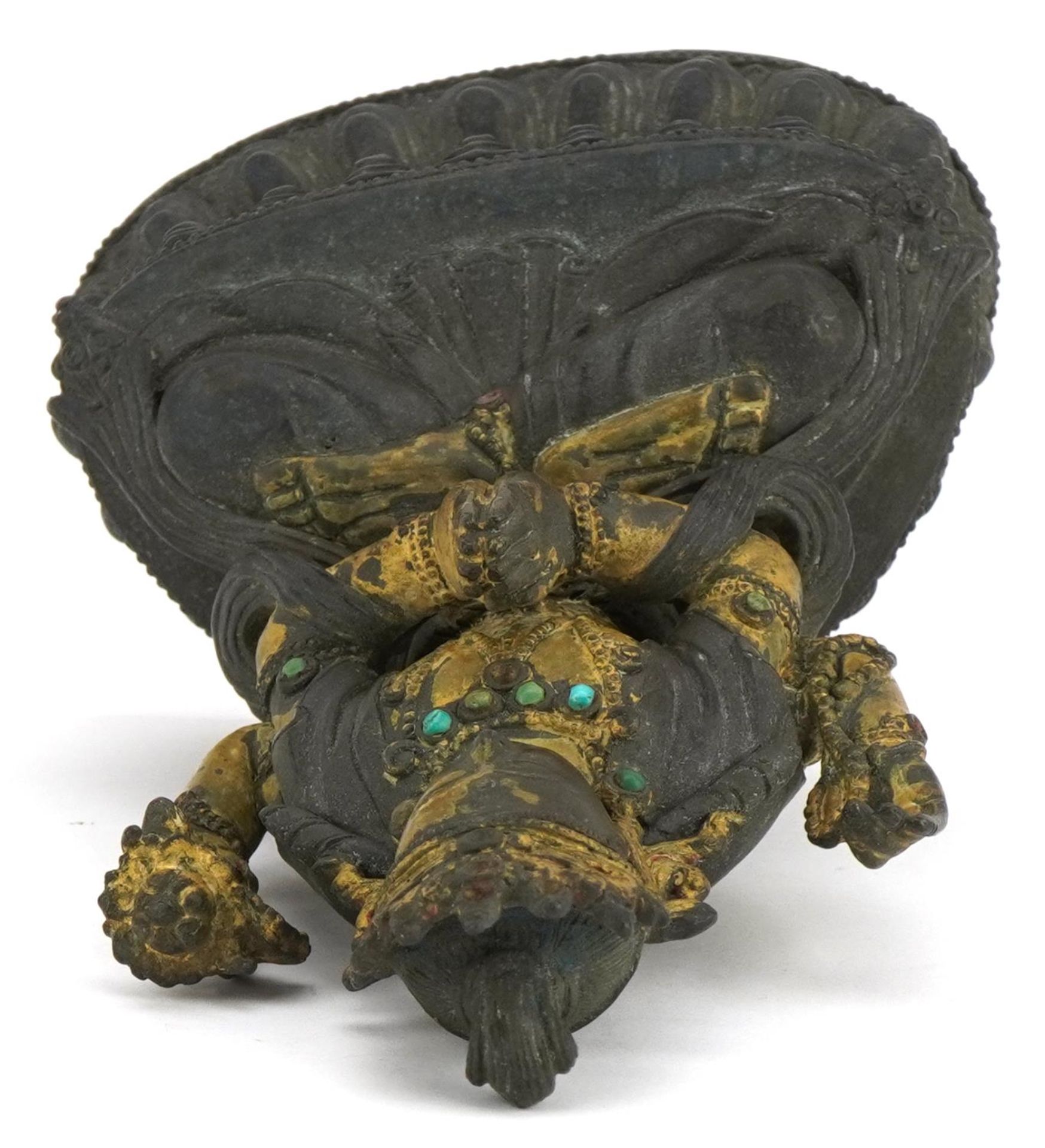 18th Century Chino Tibetan gilt bronze buddha of Sadaksari inset with turquoise cabochons, 16cm high - Image 9 of 10