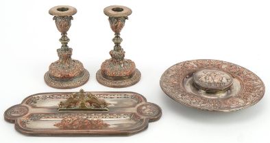 Elkington & Co, Victorian silver plated copper Egyptian Revival desk set including desk set