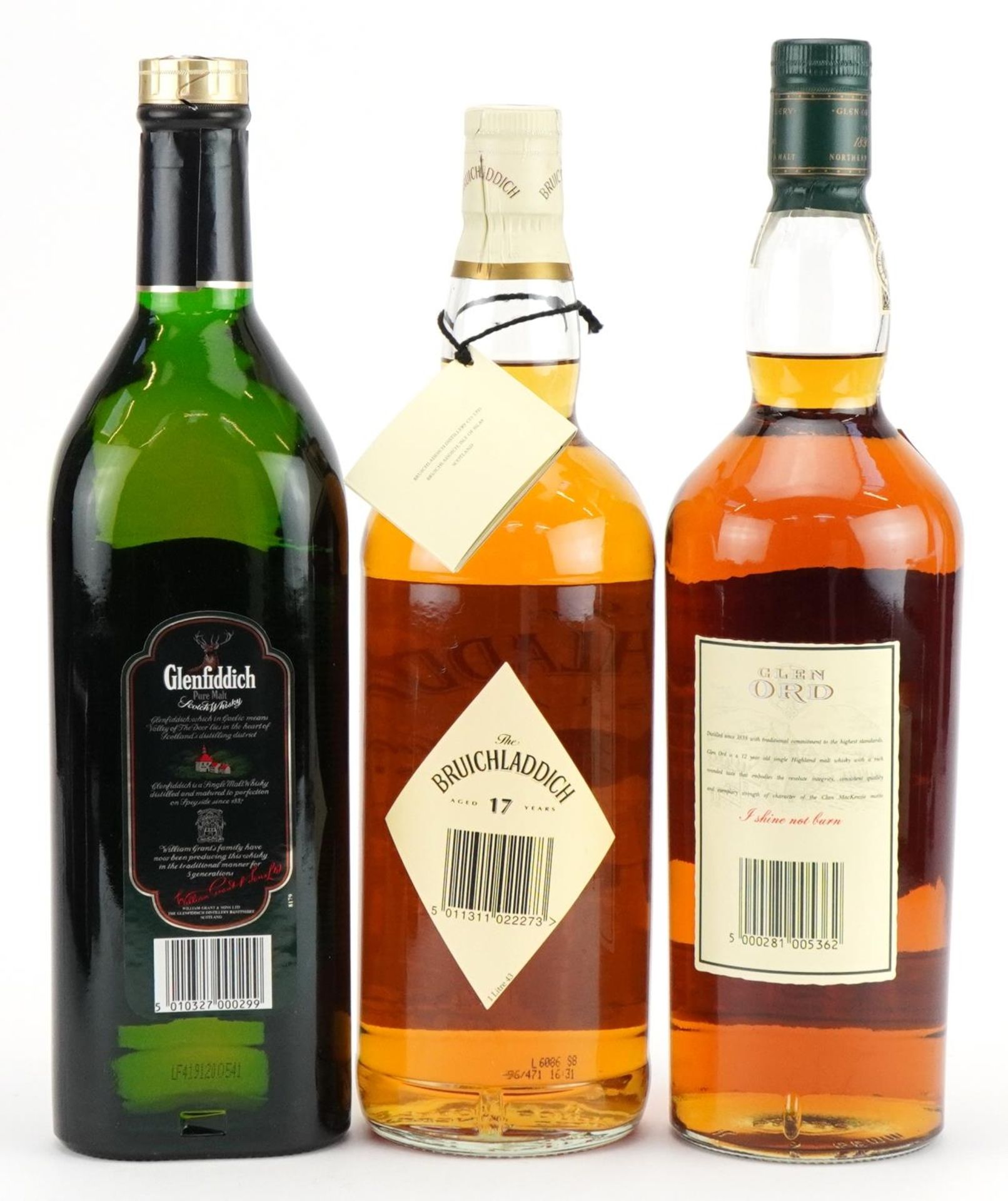 Three one litre bottles of whisky with boxes comprising Glen Ord aged 12 years, Bruichladdich aged - Image 3 of 3
