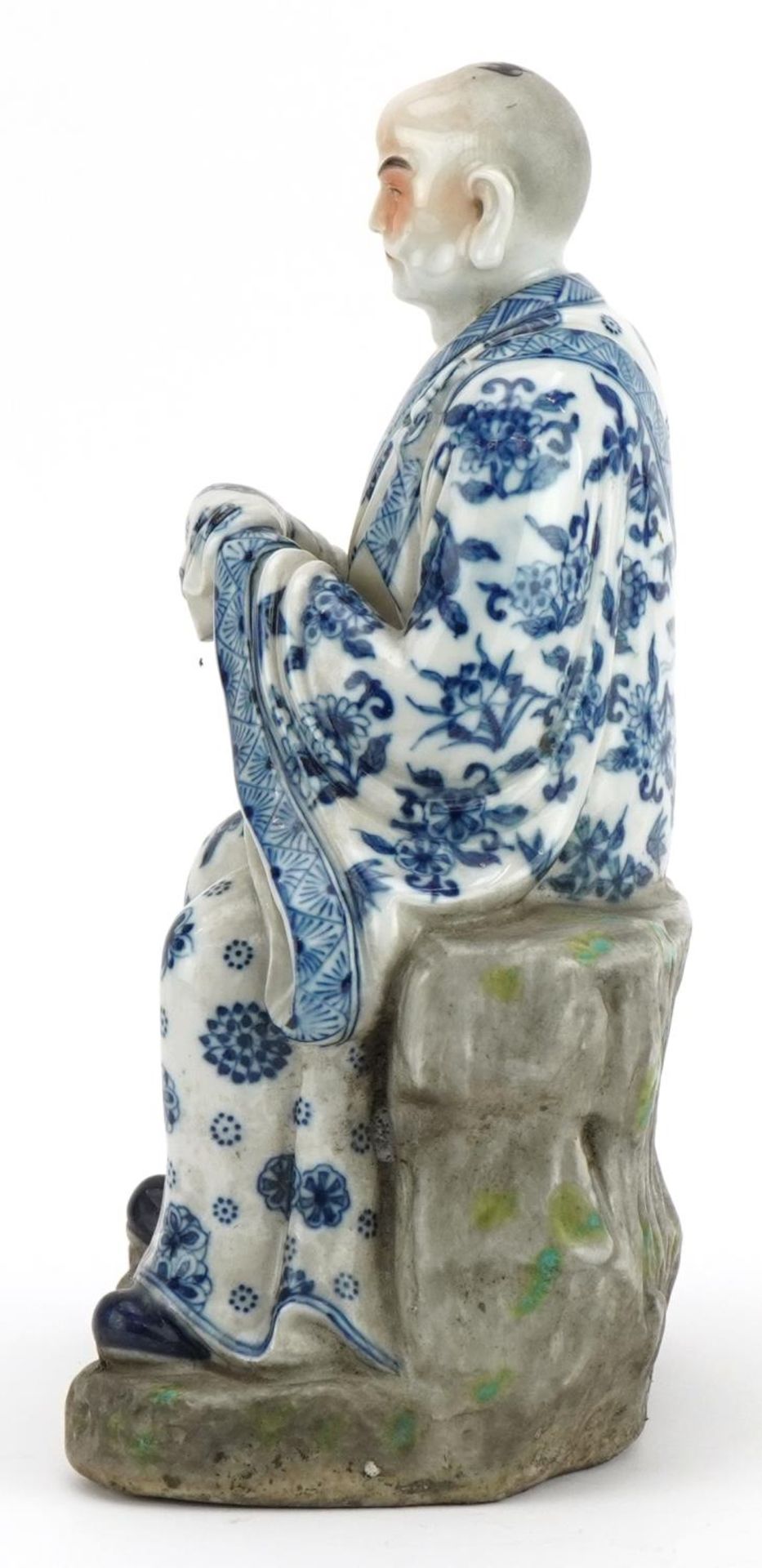 Chinese porcelain figure of an emperor wearing a blue and white robe, hand painted with flower - Image 3 of 7