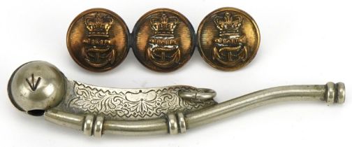 Victorian military engraved bosun's whistle and a naval button brooch impressed E Stillwell & Sons
