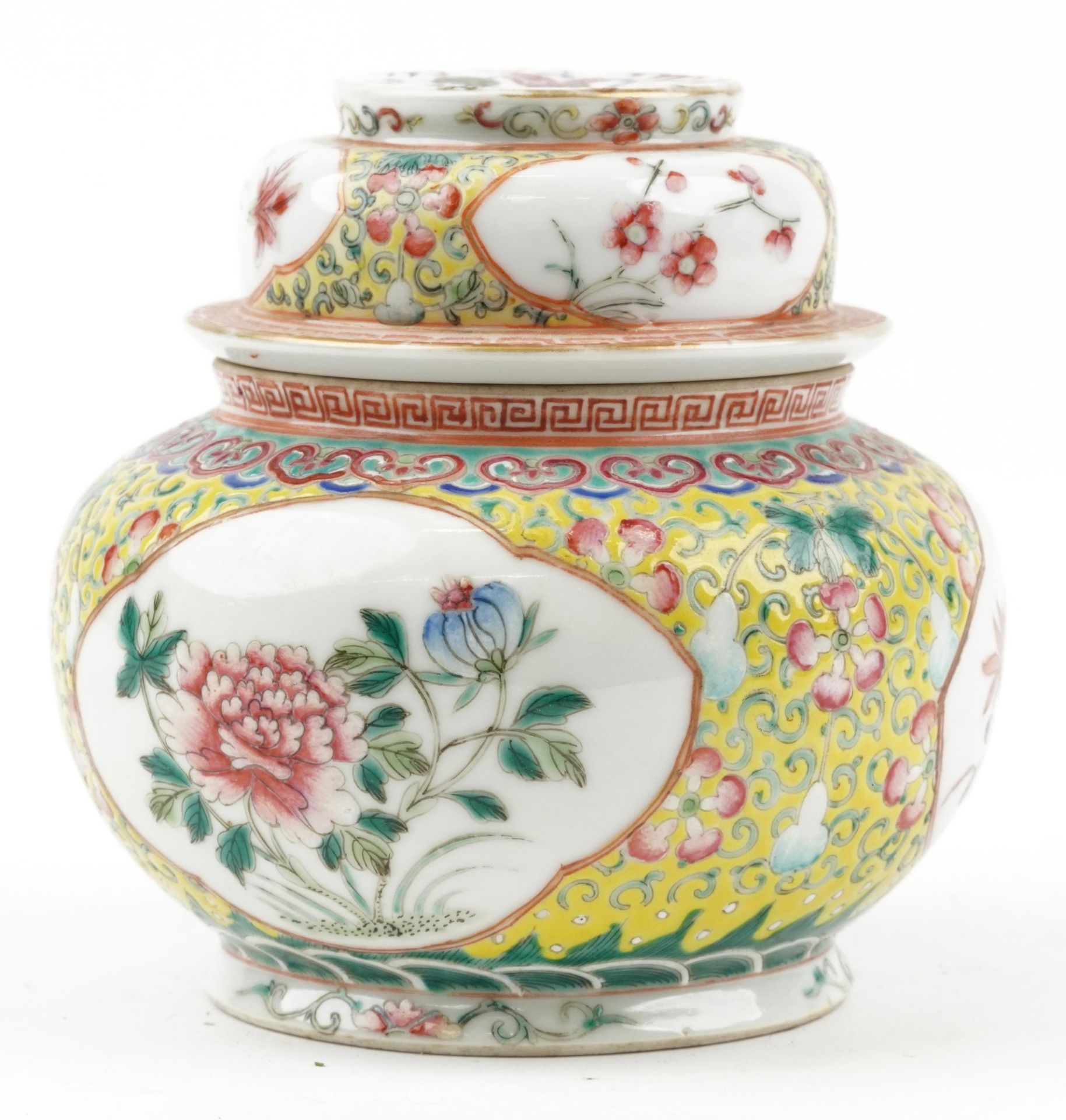 Chinese porcelain yellow ground vase and cover, finely hand painted in the famille rose palette with - Image 4 of 8