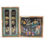 Two sets of Chinese scroll weights including a set of four hand painted with emperors and figures in