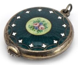 Continental silver and guilloche enamel chatelaine mirror hand painted with flowers, import marks to