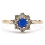 9ct gold blue topaz and clear stone flower head ring, size R, 1.8g : For further information on this