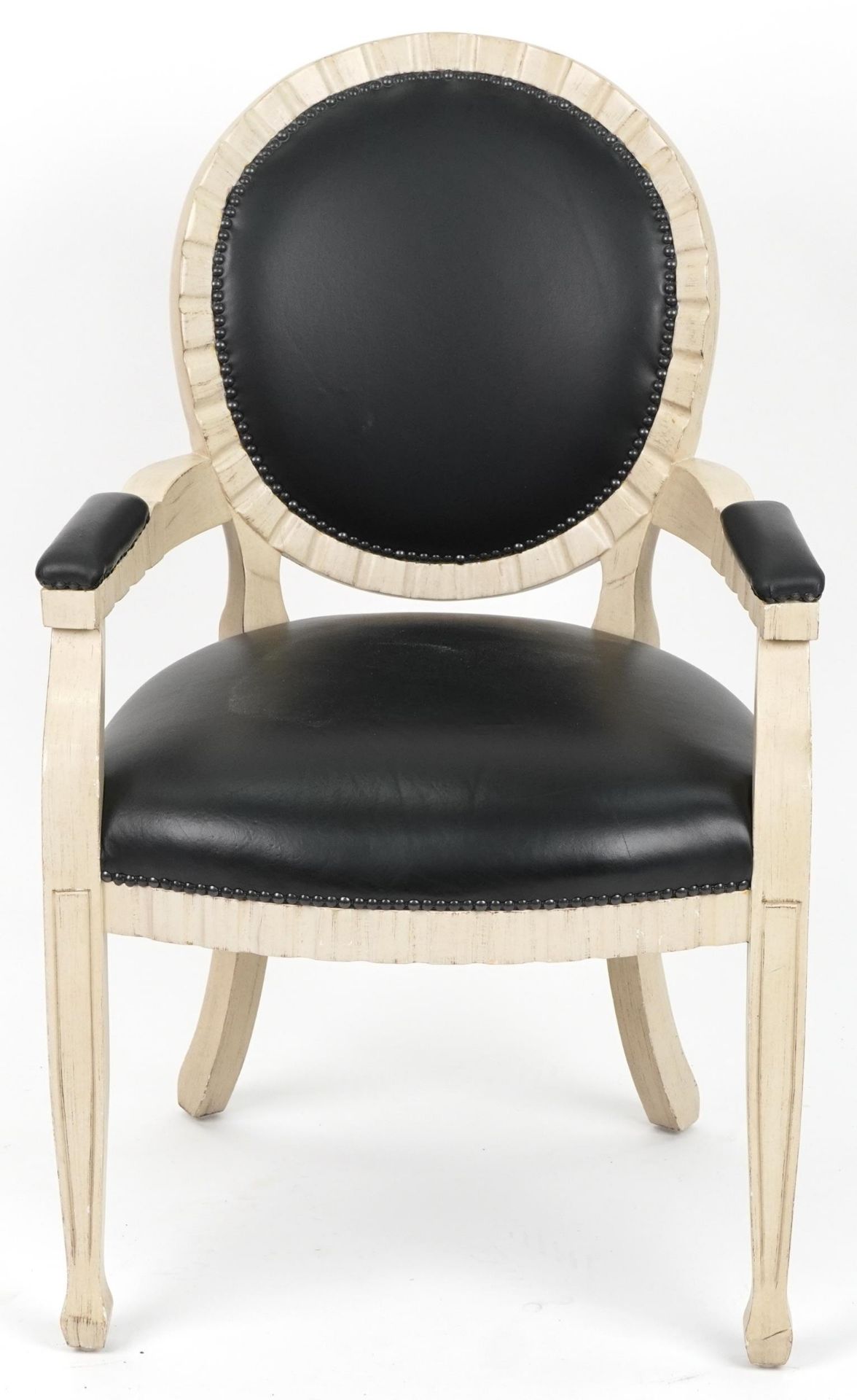 French Empire style cream bedroom chair with black vinyl upholstered back, seat and elbow pads, 98. - Image 2 of 4