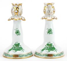 Herend, pair of Hungarian hand painted porcelain candlesticks hand painted in the Chinese bouquet