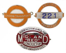 Three automobilia interest badges comprising two London Transport and Birmingham Midland Midland Red