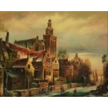 J Coerten - Winter street scene, Old Master style oil on wood panel, mounted and framed, 29cm x 23cm