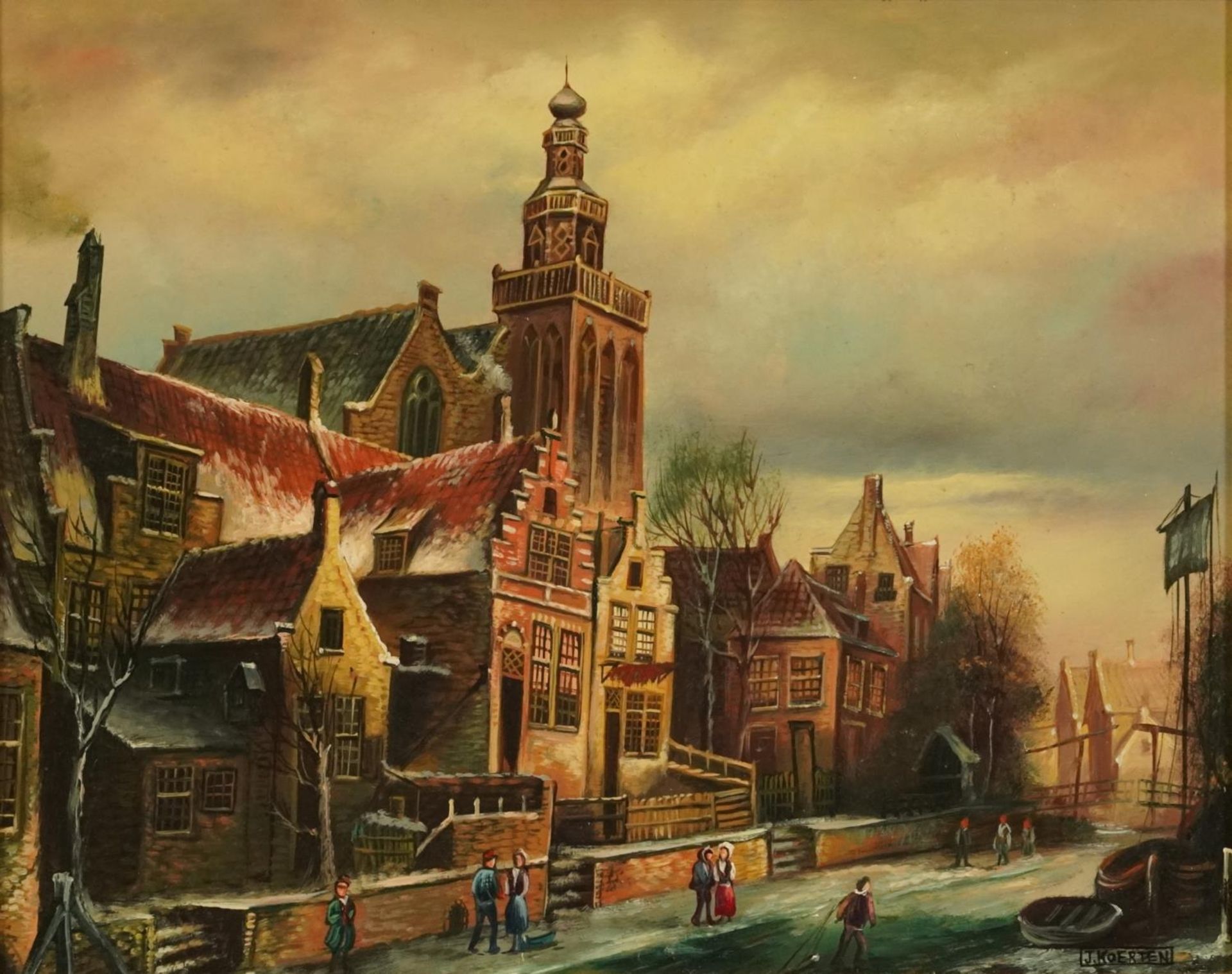 J Coerten - Winter street scene, Old Master style oil on wood panel, mounted and framed, 29cm x 23cm