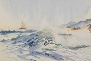 G Grantham - Seascape with crashing waves, watercolour, mounted, framed and glazed, 44cm x 21.5cm