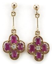 Pair of 9ct gold ruby and diamond drop earrings, 2.8cm high, 2.8g : For further information on