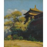 Tree before pagoda, Asian school oil on canvas, signed and dated 1948, framed, 66cm x 55cm excluding
