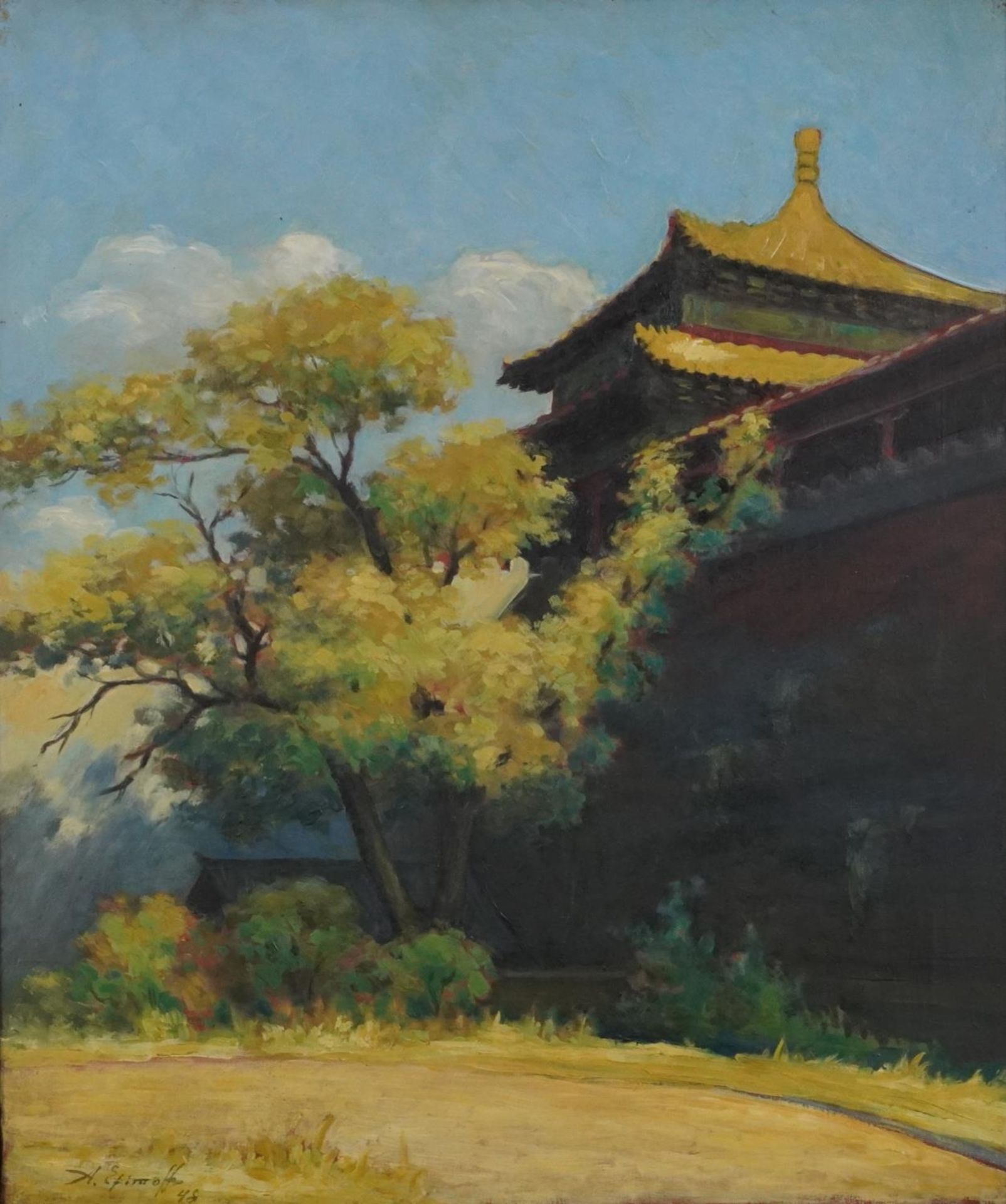 Tree before pagoda, Asian school oil on canvas, signed and dated 1948, framed, 66cm x 55cm excluding