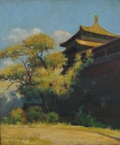 Tree before pagoda, Asian school oil on canvas, signed and dated 1948, framed, 66cm x 55cm excluding