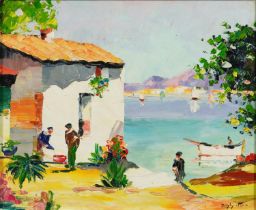 After Cecil Rochford D'Oyly-John - French Riviera, oil on board, framed, 43.5cm x 35.5cm excluding