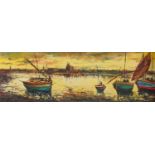Diaz - Moored fishing boats, panoramic Impressionist oil on canvas, mounted and framed, 117.5cm x