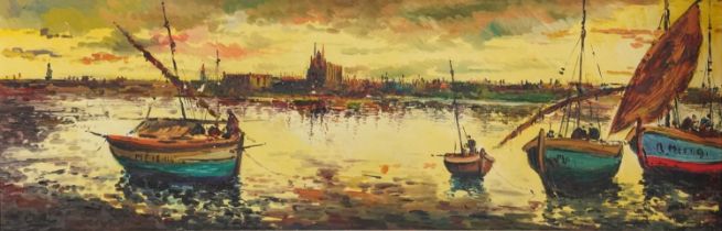 Diaz - Moored fishing boats, panoramic Impressionist oil on canvas, mounted and framed, 117.5cm x