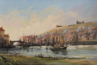 Colin Russell - Old Whitby harbour scene, Impressionist oil on canvas, mounted and framed, 74cm x