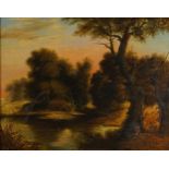 Attributed to Francois Grenier - Huntsman and fisherman beside a lake, antique oil on wood panel,
