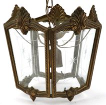 French style gilt metal light pendant with etched glass panels, 28cm high : For further