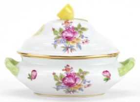 Herend, Hungarian hand painted porcelain sauce tureen and cover with twin handles hand painted