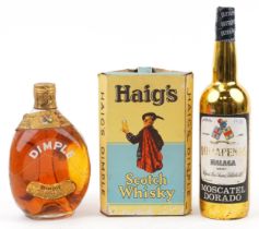 Vintage bottle of Haig's Dimple Scotch whisky and a bottle of Quitapenas Malaga wine : For further