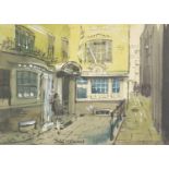 John V Emms - Exchange Court Strand, London, watercolour, mounted and framed, 15cm x 11cm : For