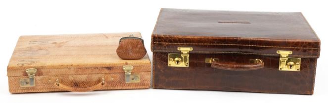 Two early 20th century taxidermy interest cases comprising alligator skin vanity case retailed by