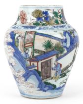 Large Chinese doucai porcelain vase hand painted with a figure on horseback and attendants