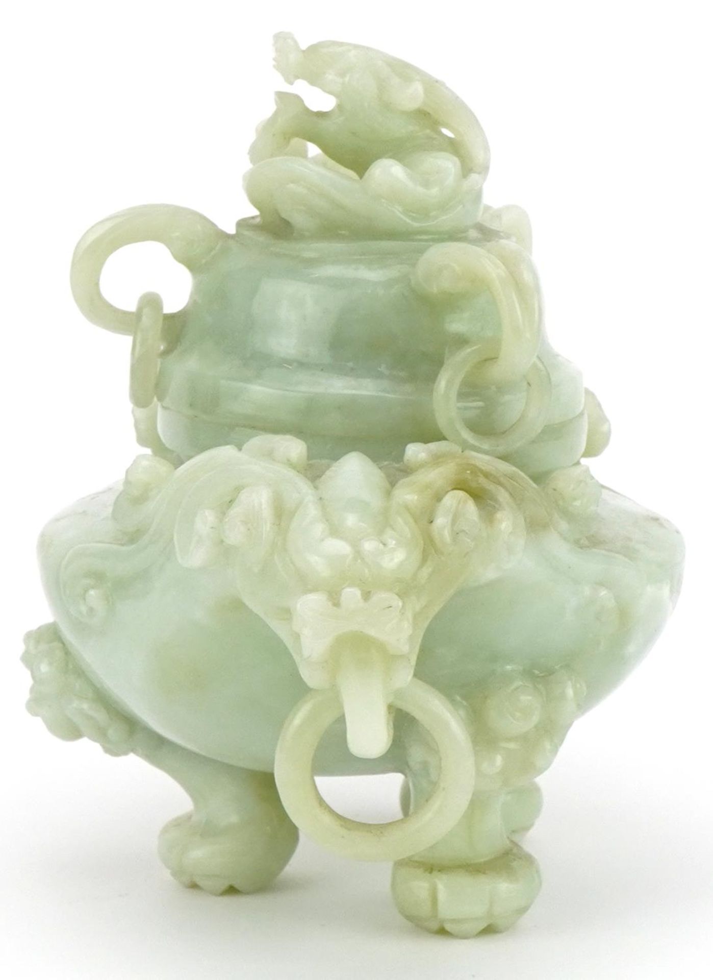 Chinese carved green hardstone lidded tripod censer with ring turned dragon handles, 19.5cm wide : - Image 3 of 9