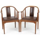 Pair of Scandinavian hardwood dining chairs with brown leather backs and seats, 78cm high : For