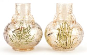 Moser, pair of Bohemian iridescent crackle glass vases with four handles hand painted with fish