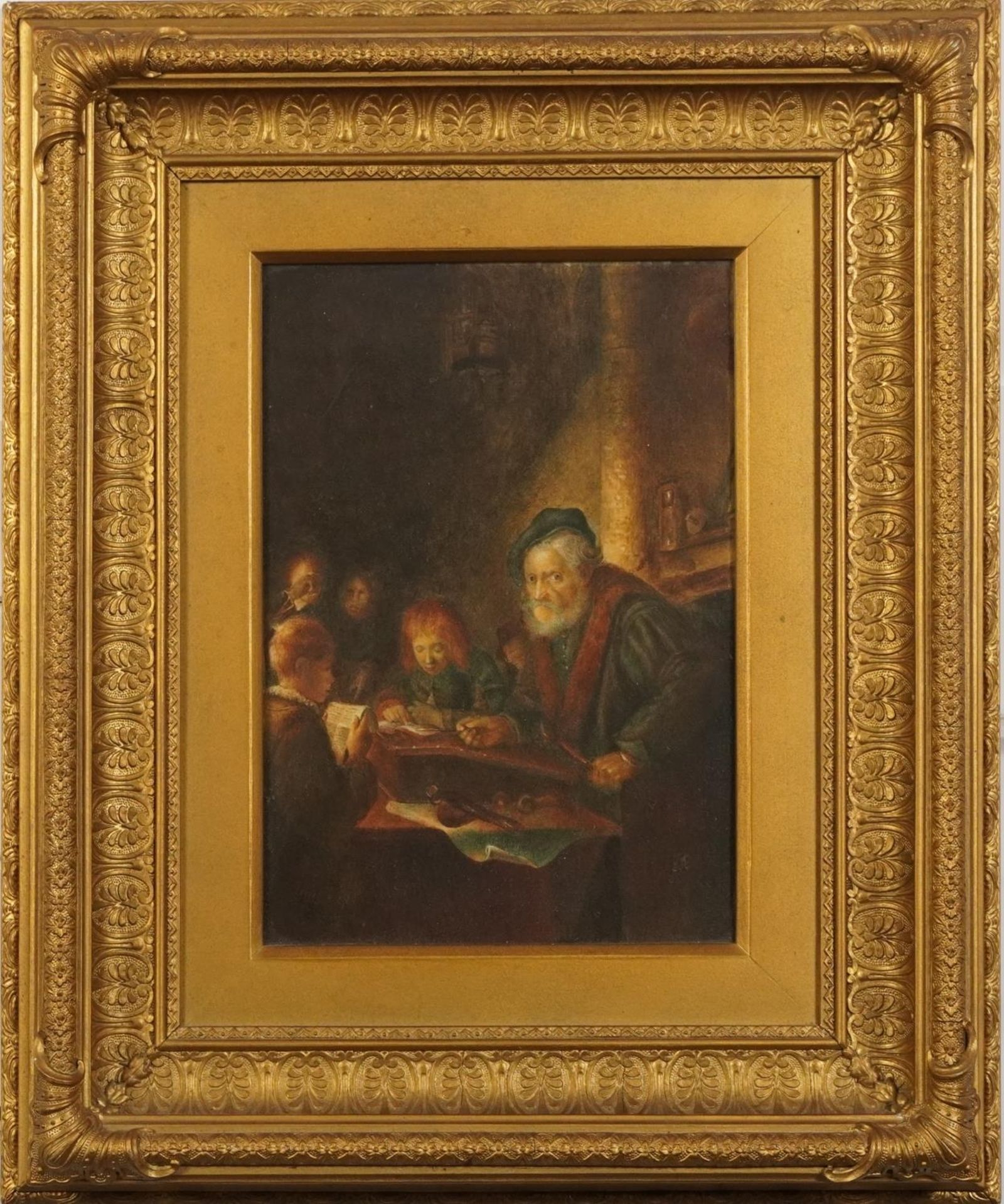 After Gerrit Dow - The Schoolmaster, 19th century Dutch school watercolour, mounted, framed and - Image 2 of 6