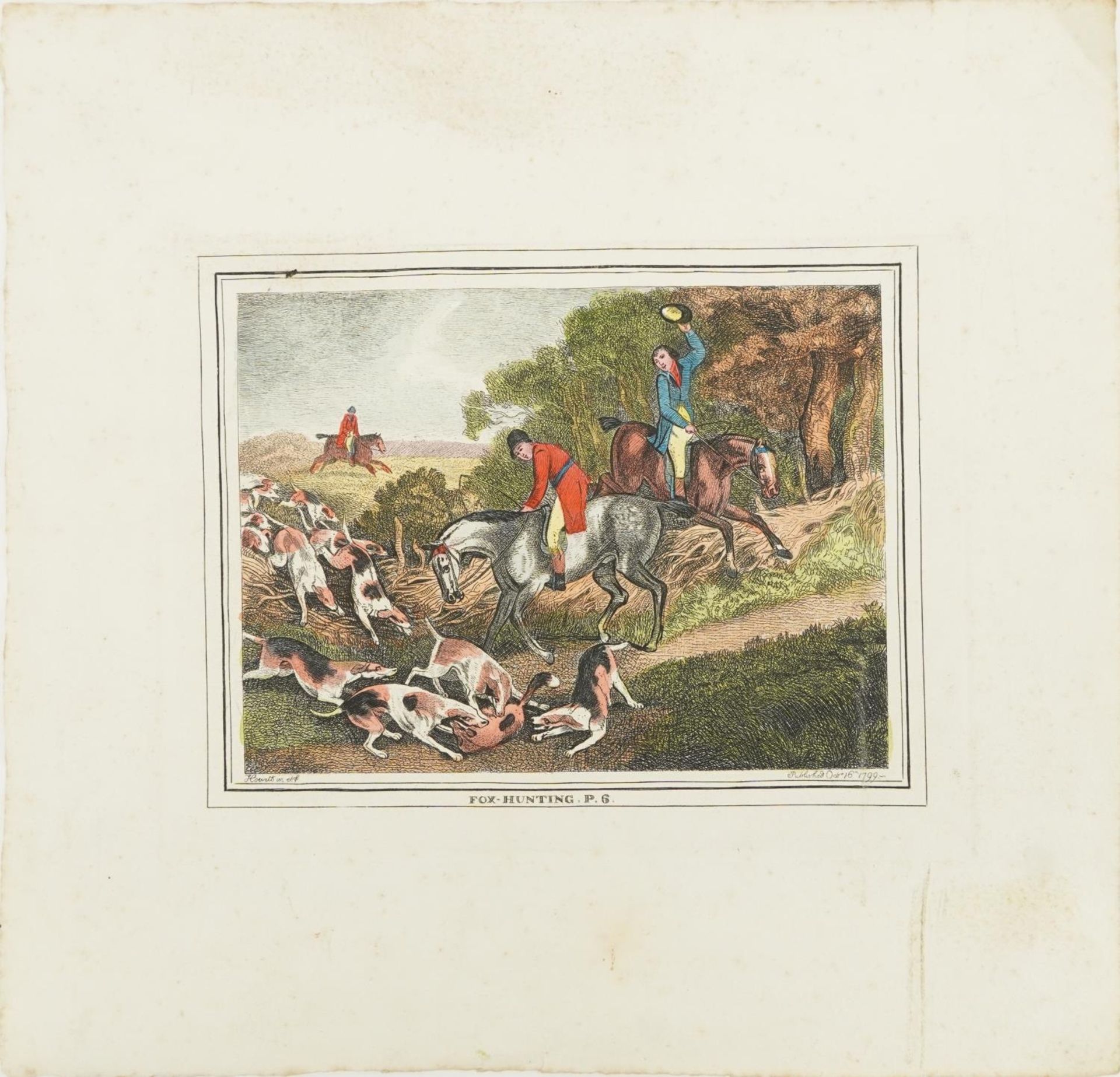 Foxhunting P5 and P6, two 18th century coloured engravings, unframed, each 29.5cm x 27.5cm : For - Image 7 of 9