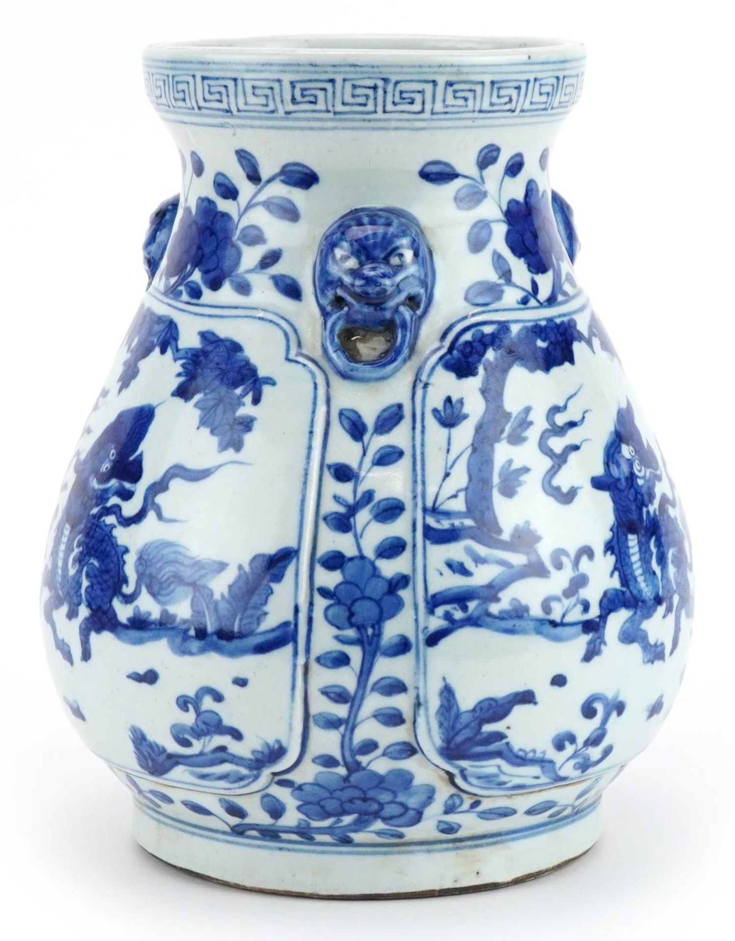 Chinese blue and white porcelain vase with three animalia ring turned handles hand painted with - Image 3 of 7
