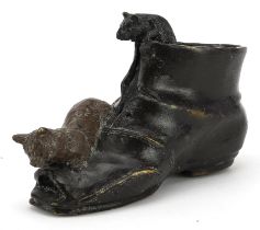 Patinated bronze spill vase in the form of a cat and a rat with shoe, impressed Geschutzt to the