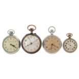 Four open face pocket watches including one British military interest engraved G.S.T.P.U5077, the