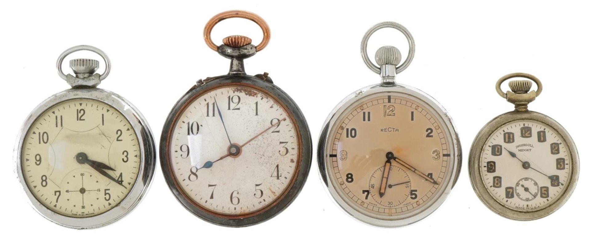 Four open face pocket watches including one British military interest engraved G.S.T.P.U5077, the