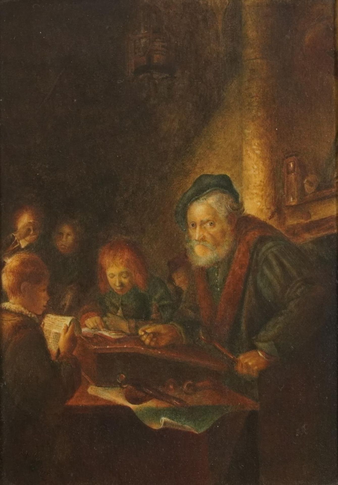 After Gerrit Dow - The Schoolmaster, 19th century Dutch school watercolour, mounted, framed and