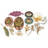 Vintage and later brooches including two micro mosaic and floral sprays, the largest 7cm high :