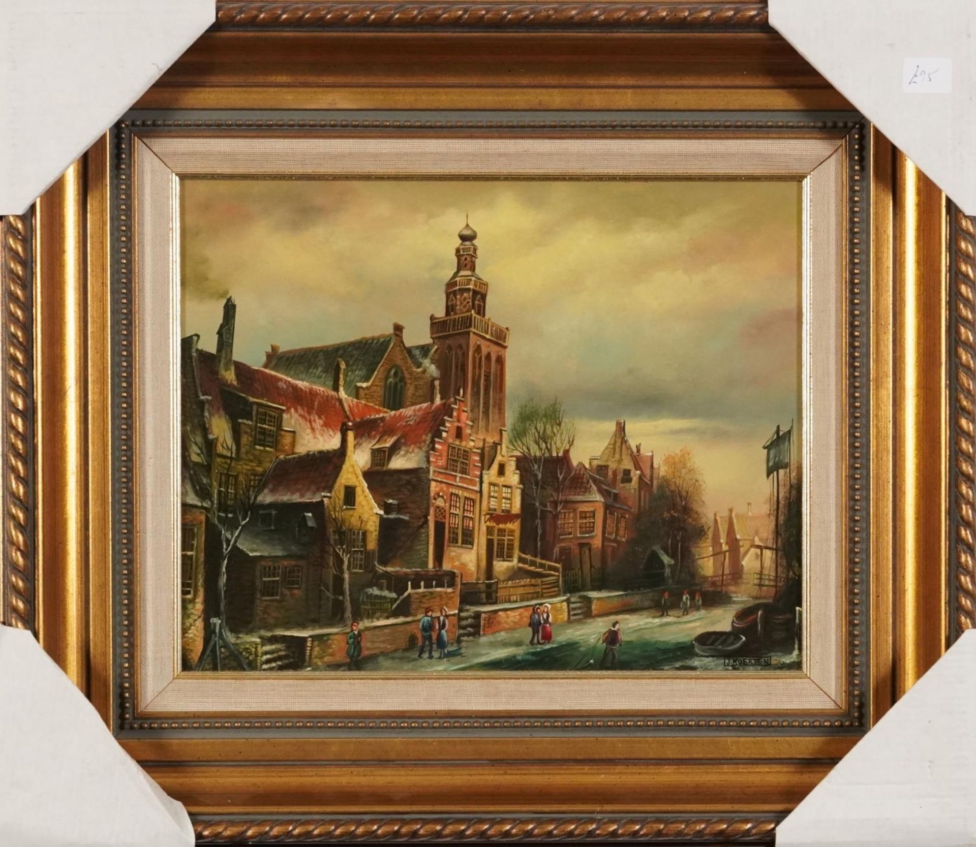 J Coerten - Winter street scene, Old Master style oil on wood panel, mounted and framed, 29cm x 23cm - Image 2 of 6