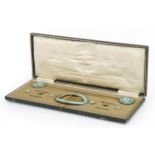 19th/20th century ladies guilloche enamel set housed in a silk lined tooled leather case