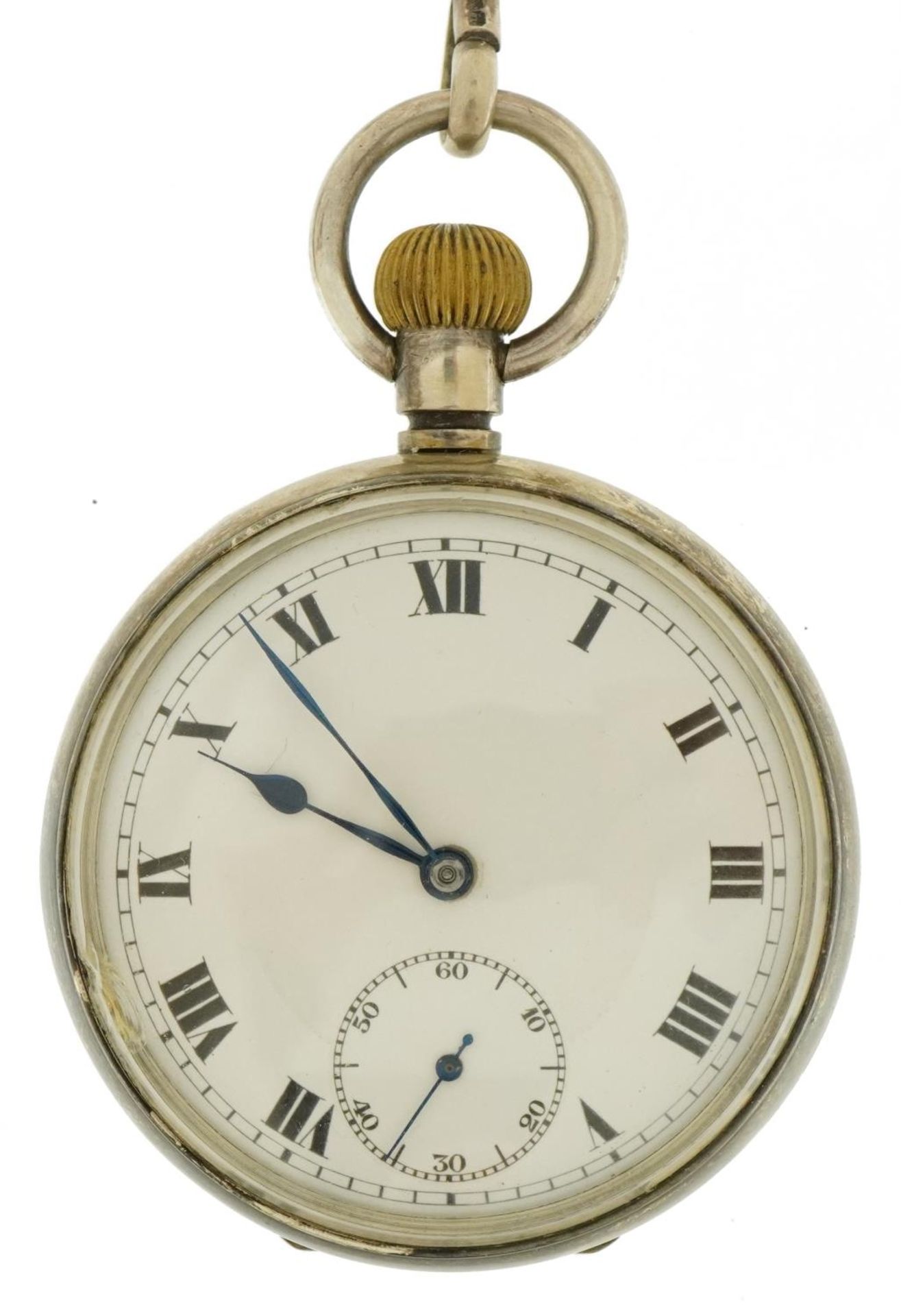 Gentlemen's silver open face pocket watch with enamelled dial on a graduated silver watch chain with