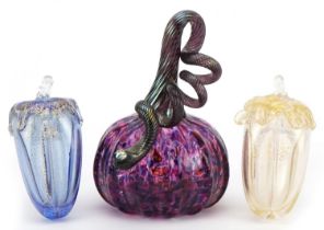 Two Murano glass vegetables and an iridescent glass vegetable, the largest 14cm high : For further